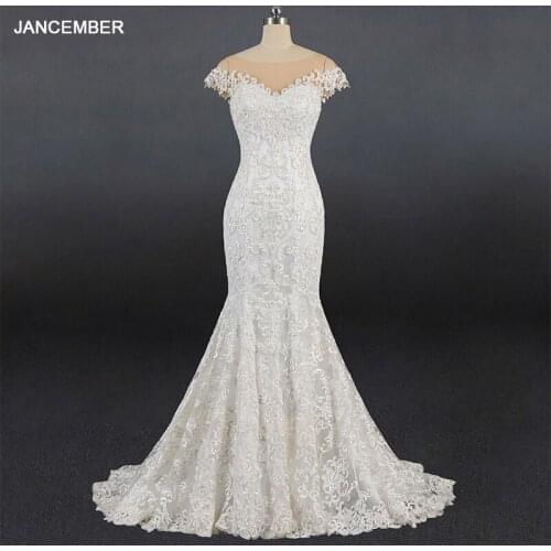 LSDZ37 JANCEMBER Sexy V-Neck Short Sleeve Crystal Cheap White Mermaid Wedding Dress 2021 Detachable Train Lace Up Back