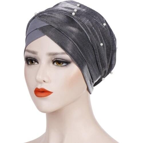 Helisopus Muslim Headdress Turban Cap for Women Solid Beads Hijabs Bonnet Arab Wrap Head Scarf Islamic Turbantes Accessories