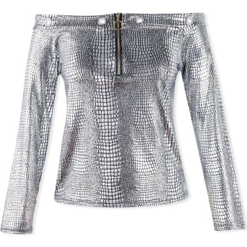 Neatie kiddie Fashion Sexy Snake print Slash Neck T shirt for Women Tops Long Sleeve Off Shoulder Slim Zipper Front T-shirt