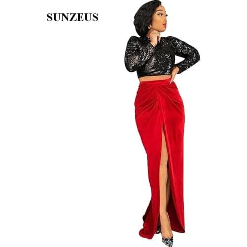 Two Piece Prom Dress Long Sleeves High Neck Black Seuqins Lace Party Dress Long Velour Formal Dress With Front Slit