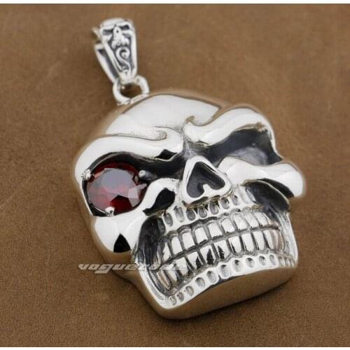 925 Sterling Silver Huge Heavy Red CZ Stone Eye Skull Mens Biker Rocker Punk Pendant 9E003