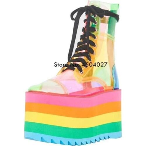 Rainbow Ankle Boots High Heel Platform Short Boots Lace -up Cake Bottom Ladies Shoes Thick Sole Mixed-color PVC Booties