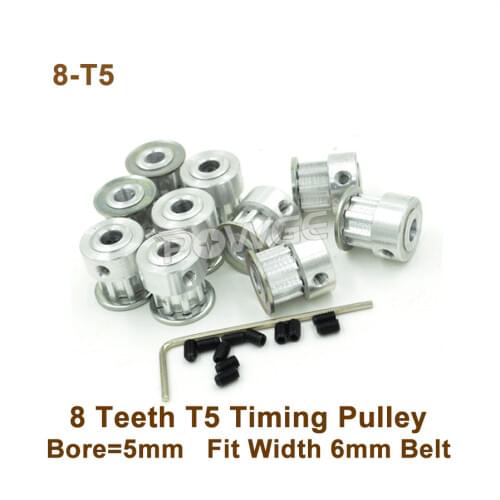POWG 8 Teeth T5 Timing Pulley Bore 5mm Fit Width 6mm T5 Timing Belt 8T 8Teeth Aluminium Alloy Synchronous Pulley 8-T5 BF