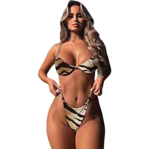 Leopard Metal Chain String Bikini Set Push Up Swimsuit Womens Bathing Suits Padded Two Piece Swimming Suits Female Biquini