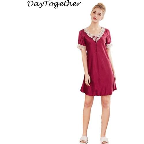 Silk Pajamas Lady Summer Nightgown Female Sexy Satin Home Sleepwear Dress With Lace Short Sleeves