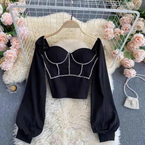 Court Style Ladies Square Collar Leaky Clavicle Black White Blouse Womens Spring Puff Long Sleeve Diamond Slim Short Shirt Tops