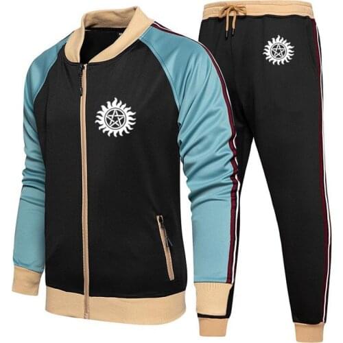 Supernatural jacket Men Winchester Bros Printed spring autumn high quality cotton stripe Mens sweatshirt + sweatpants Suit 2Pcs