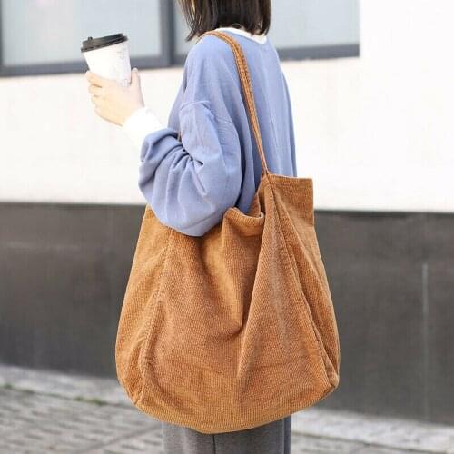 Retro Women Corduroy Shoulder Large Capacity Cord Eco Tote Strap Cloth Bags Korean Casual Shopping Bag Simple Literature Art