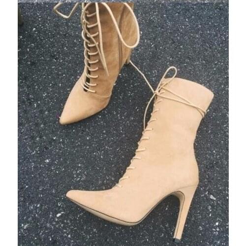 New Woman Cross-tied Pointed Toe Ankle Boots Sexy Thin Heels Nude Consice Pumps Spring Autumn Female Party Shoes