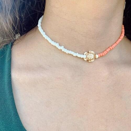 Handmade Cute Turtle Pendant Short Necklace White Orange Rice Beads Beaded Jewelry For Women Vintage Collare Dropshipping 2021