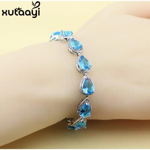 Hot Sell Silver color Jewelry For Women Water Drop Blue Austrian Crystal Fashion Link Chain Bracelets Length18+2cm Free Box