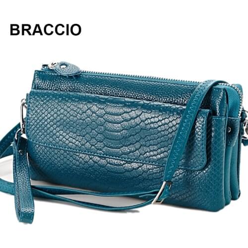 Womens Fashion Multilayer Clutch Bag Genuine Cow Leather Ladies' Small Purse Serpentine Mini Crossbody Shoulder Messenger Bag