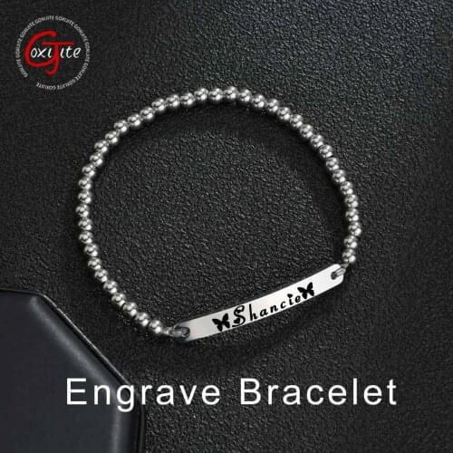 Goxijite Custom Name Silver Bracelet For Women Stainless Steel Engrave Name Date Round Bead Bracelet Chain Jewelry Gift