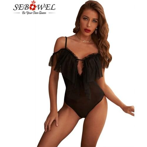 SEBOWEL 2020 Cold Shoulder Tulle Mesh Ruffled Thong Bodysuits Woman Summer Lady Deep V-neck Red/Black Female Body Tops Clothes