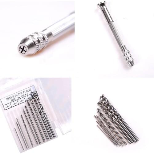 11pcs/Set Mini Manual Aluminum Hand Drill With Keyless Chuck +10pcs Twist Micro Drill Bit Woodworking Drilling Rotary Tools