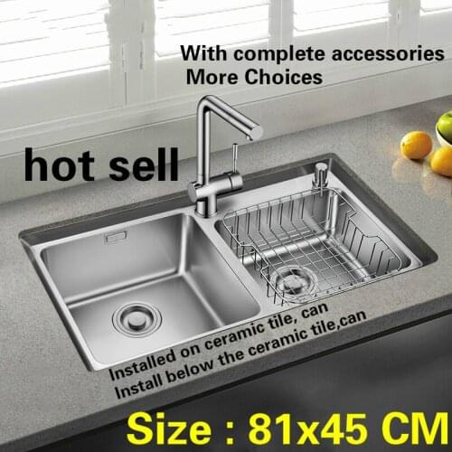 Free shipping Fashion kitchen sink big 0.8 mm thick double groove 304 stainless steel hot sell 810x450 MM