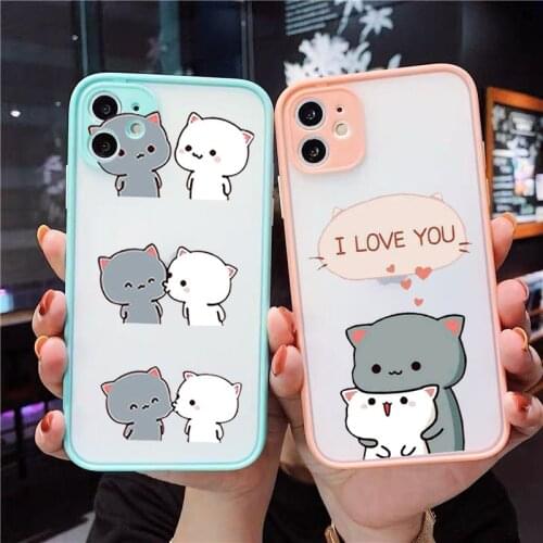 Lovely Cute Gray Cat Phone Case for IPhone 12 11 Pro Xs 8 7 6S Plus XS MAX XR SE 2020 I LOVE U Couple Phone Cover Clear Cases
