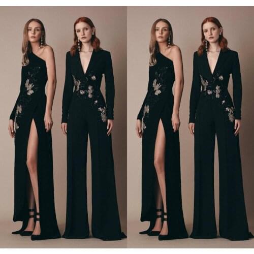 2020 Black Prom Jumpsuit Satin V Neck Pants Suit Long Sleeve Beaded Evening Dresses Special Occasion Gowns Red Carpet Gowns