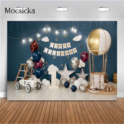 1st Birthday Cake Smash Backdrop for Photography Children Baby First Birthday Adventure Hot Air Balloons boy Portrait Background