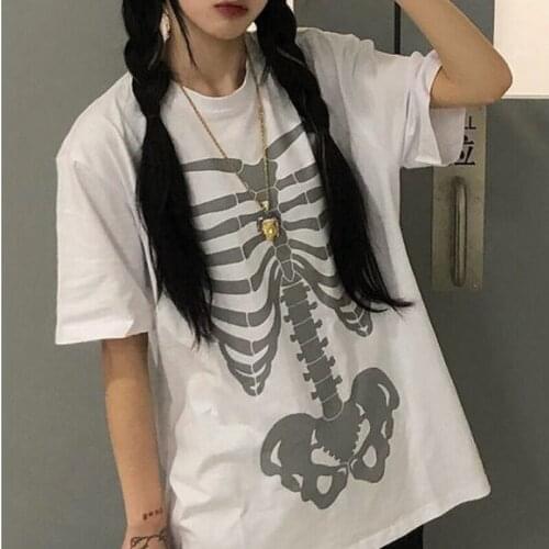 Deeptown Skeleton Print T-shirts Women Harajuku Punk Graphic Tees Hip Hop Short Sleeve T Shirt 2021 Y2k White Color Alt Clothes