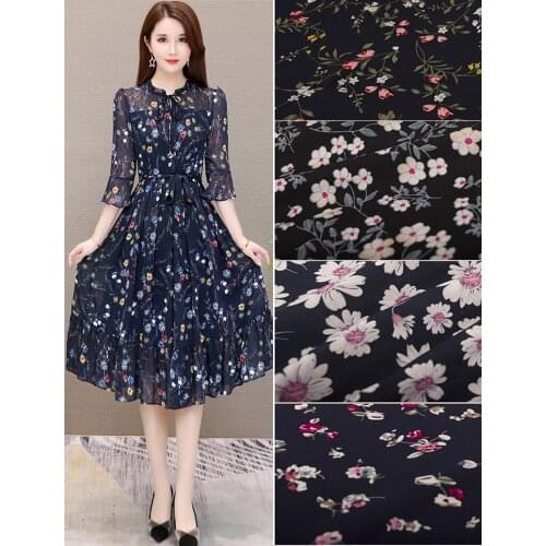 Floral Cotton Fabric100% By The Meter Per Flowers Leaves Printed for Dress Skirt Poplin Brocade Sewing DIY Black Blue100cm*145cm