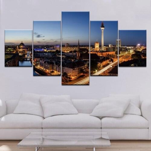 Canvas Paintings Wall Art Framework 5 Pieces Berlin TV Tower Bridge Poster HD Prints City Night Scene Pictures Living Room Decor