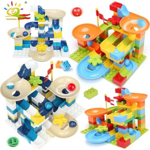 HUIQIBAO 111PCS Marble Ball Run Race Track Building Blocks Classic Duploed Size Big Bricks Bulk Set Children Kids Assemble Toys