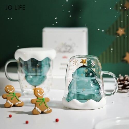 JO LIFE Christmas Tree Star Double-Layer Cocktail Glass Cup Creative Gift Snowflake Lid Xmas Cartoon Coffee Cup