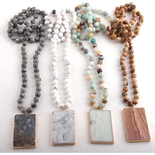 RH Fashion Bohemian Tribal Jewelry Natural Stones Long Knotted AB Rectangle Stone Pendant Necklaces