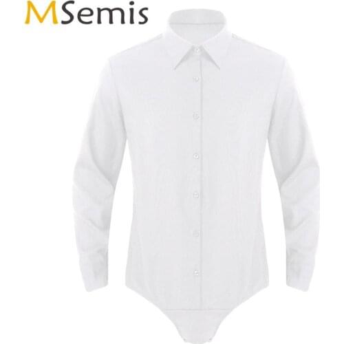 Mens One-piece Bodycon Shirts Tops Long Sleeves Button Down Teddy Bodysuit Sexy Pressed Crotch Casual Leotard Catsuit Club Wear