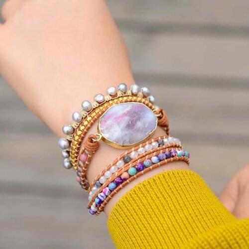 New Arrival 4Unik Leather Wrap Bracelets Purple Jasper Wrap Freshwater Pearls Tibetan Beads Bracelet Natural Pearl Jewelry