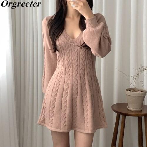 Autumn New Twisted Knitted Mini Dresses Women V-Neck Solid Warm Winter Lantern Long Sleeve Korean Bottoming Sweater Dress Robes