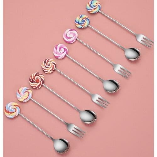Donut Lollipop Fork Spoon 304 Stainless Steel Dessert Fruit Forks Honey Coffee Stirring Spoon Kid Cutlery Dinnerware Accessories