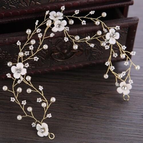Gold Headband With Ivory Pearls Flowers Hand-made Bridal Hair Decoration Double Head Chain Wedding Accessories SQ0291
