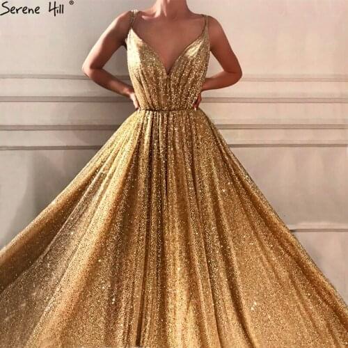 Dubai Deep-V Luxury Sleeveless Glitter Evening Dresses Gold Vintage Fashion Sexy Evening Gowns 2021 Serene Hill LA6561