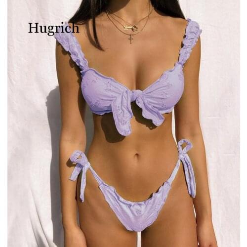 Sexy Women Bikini Sets Solid Color Ruffled Swimwear Bathing Suits 2 Piece Split Push Up Bandage Beachwear Thong Biquini