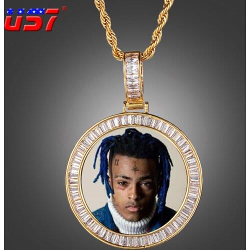 US7 Custom Photo Round Pendant Necklace For Men Women Memory Medallions Solid Square Crystal Baguette Hip Hop Jewelry
