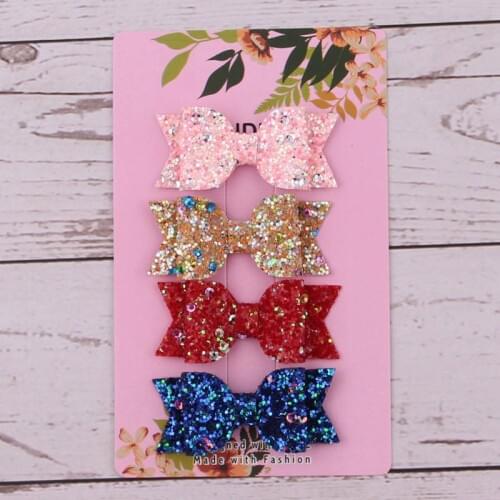 4pcs/card Lovely Bow Hair Glitter Felt Hair Clip Cute PU Leather Double Layer Hairpin Modish Girls Hair Clip New Headwear