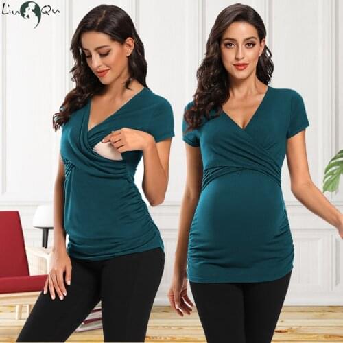 Womens Maternity Clothes Breastfeeding Clothing Short Sleeve Pregnant Clothes Pleated Side Open Pregnancy T-Shirt Top