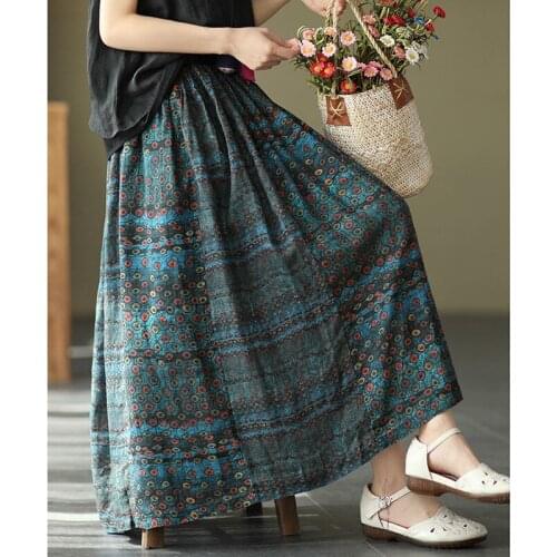 2021 New Arrival Summer Korean Style Women Loose Casual Print A-line Mid-calf Skirt All-matched Cotton Linen Skirts W531