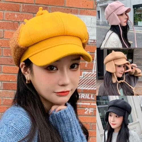 Women Winter Vintage Octagonal Beret Cap with Plush Lining Earflap Chin Strap Solid Color Newsboy Painter Visor Peak Hat
