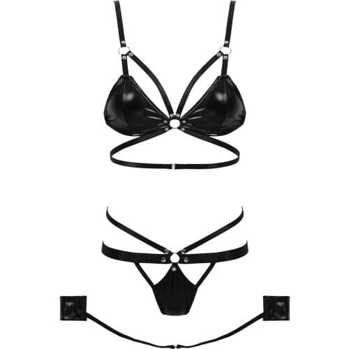 Womens Metallic Lingerie Set Adjustable Spaghetti Shoulder Straps Hollow Out Bra Top with G-String Thong Briefs and Wrist Cuffs