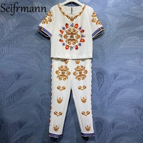 Seifrmann New 2021 Summer Women Fashion Runway Pants Sets Short Sleeve Crystal Loose Tops + Vintage Printed Long Pants Suits