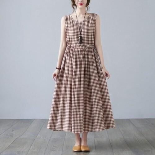 Sleeveless Loose Tank Dress 2021 New Arrival Cotton Linen Fashion Plaid Summer Dress Women Holiday Travel Casual Beach Dress