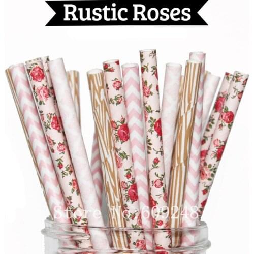 100pcs Mix Colors Rustic Roses Party Paper Straws,Light Pink Chevron,Damask,Flower,Floral,Woodgrain,Wood Grain,Wedding,Bulk