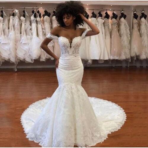 African Off the Shoulder Lace Mermaid Wedding Dress Appliqued Bridal Gowns Sweep Train Corset Back Tulle Plus Size Bride Dresses