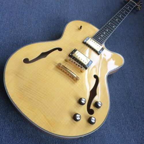 Jazz Hollow Body Electric Guitar,Ebony fingerboard, 2F holes,Flame maple top & back electric guitar, Free shipping