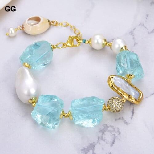 GuaiGuai Jewelry Natural Pearl Cultured White Keshi Pearl Biwa Pearl Blue Glass Quartz Rough Bracelet 8"