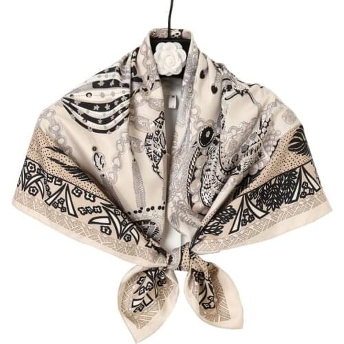 Fashion Silk Scarf Womens Royal Scepter Chain Print Square Scarf Female Sex Twill Satin Shawl Head Scarves