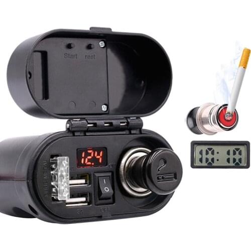 Motorcycle 12V Dual USB Quick Charger Handlebar Rearview Mirror mount Cigarette- Lighter Voltmeter Digital Clock for smartphone